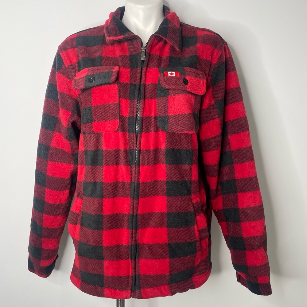 River Wear Buffalo Check Shacket M Red Black Womens Canadian Flag Fleece Zip